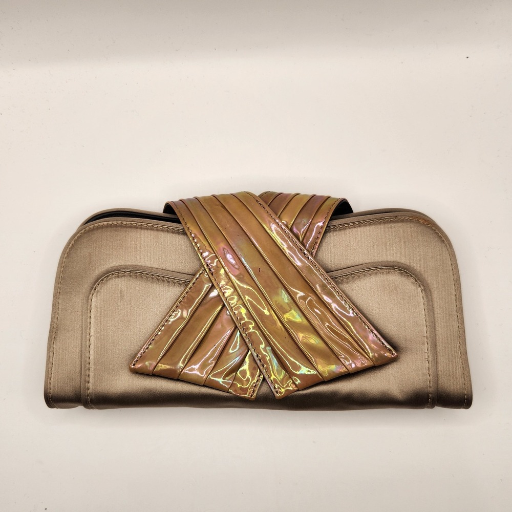 Vintage Emporio Armani Gold Satin Iridescent Patent Leather Clutch Bag Italy